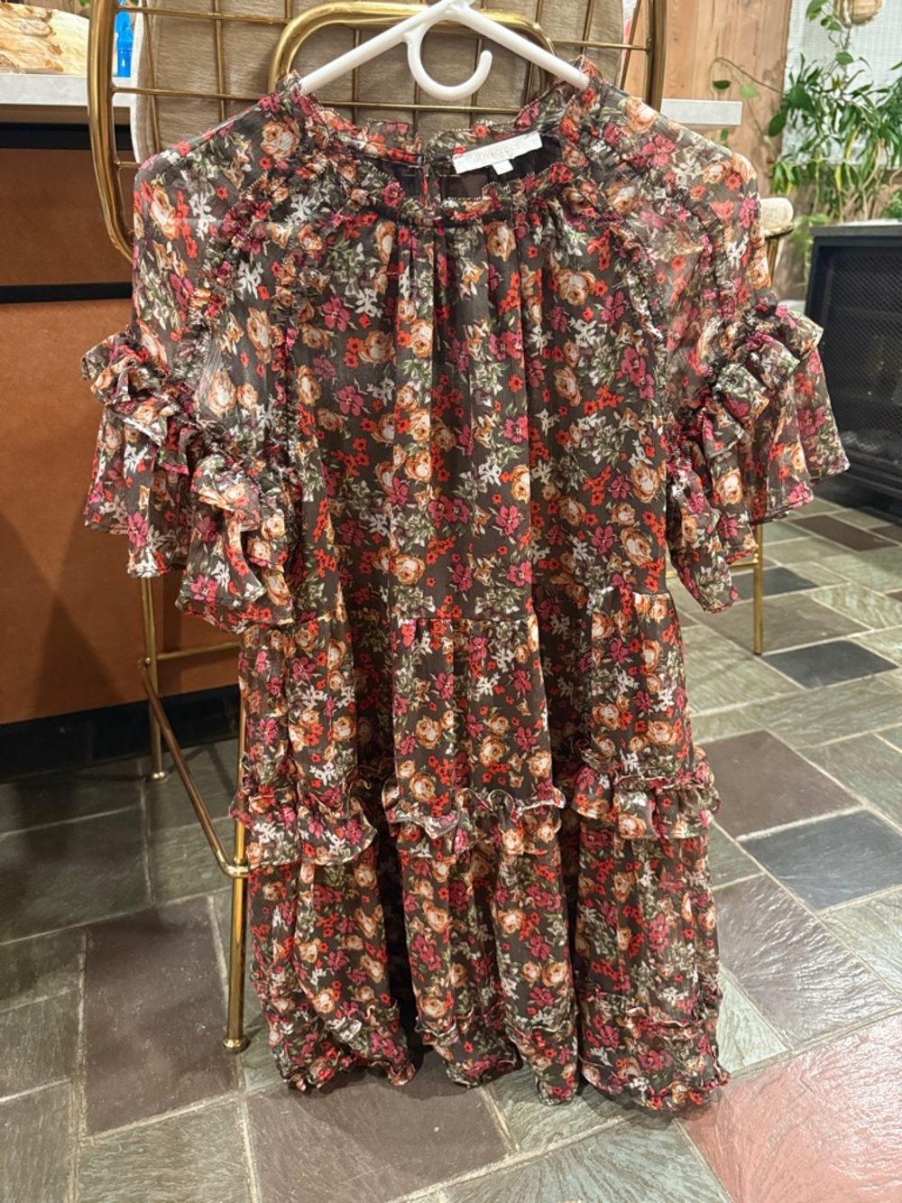 Olivaceous Floral Ruffle Neck Blouse - black, Red, Pink
